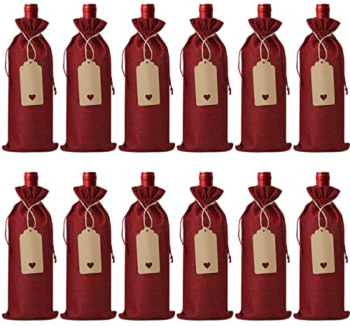 Bottiglia di Vino Sacchetti 12 Pezzi Sacchetti Regalo di vino con 12 Etichette e 10 m Corda di Canapa Riutilizzabili Borse Porta Vino Coulisse per Natale Matrimoni Viaggi Compleanni Feste(Rosso)