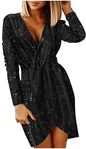 Women's Sexy V-Neck Solid Slimming Long Sleeve Mini Dress - Ruched Nightclub Party Evening Cocktail Gown - UK Size Elegant Clearance Work Office Dressing