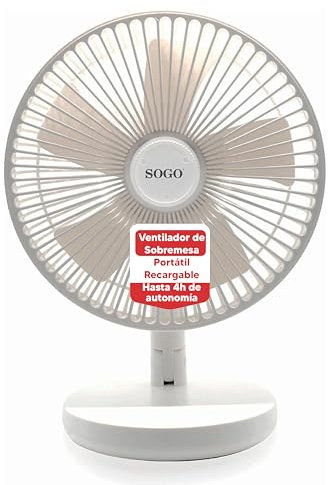 SOGO Ventilador de Sobremesa Portátil Recargable 8” con Batería de Litio - Silencioso con 3 Velocidades y Carga Rápida USB -Indicadores LED y Autonomía 4H