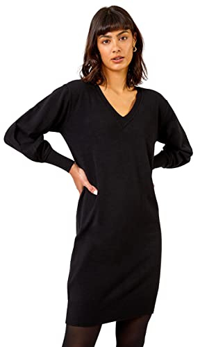 Roman Knitted Jumper Dress for Women UK Ladies Knit Knitwear Autumn Winter Casual Smart Pull On Work Long Sleeves Slouch Relaxed Flattering Over Knee Length V Neck - Black - Size 20