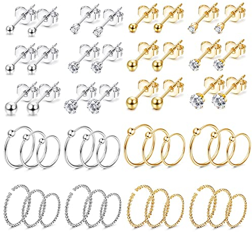 Dochais 24 Paar Damen Ohrringe Ohrstecker, Hypoallergene Ohrringe, Cubic Zirkonia Stud Earrings, CZ Nieten, Creolen Gold/Silber, Kleine Ohrringe, Ohrringe aus Edelstahl für Männer und Frauen