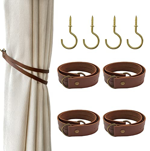 Klassische Leder-Vorhang-Raffhalter, 4 Stück, Retro-Leder-Vorhangschnallen, Vorhangbänder, ohne Bohren, Vorhangseil, Raffhalter für Zuhause, Wohnzimmer, Schlafzimmer, dekorativ (braun)