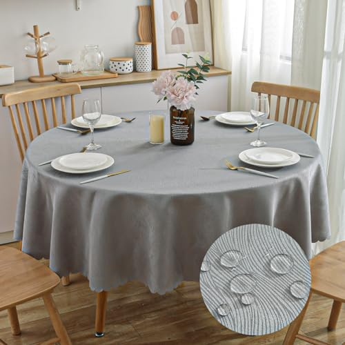 SPRICA Mittelgrau Runde Jacquard-Tischdecke Rund 160cm Durchmesser, wasserabweisend, einfarbig, schwere & weiche Qualität, Wasserfluss-Musterdesign, maschinenwachbar