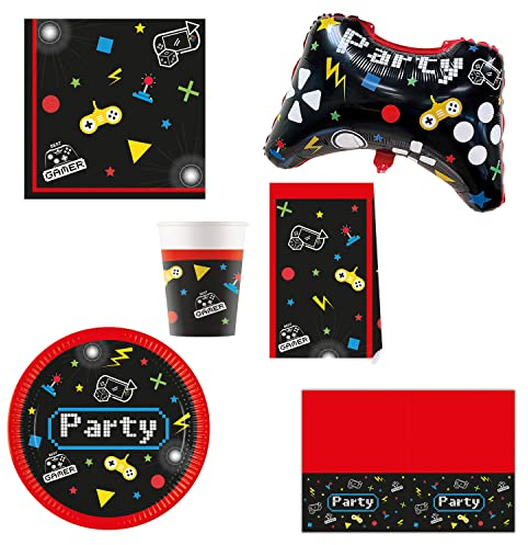 Procos DY10273855 - Gaming Party Set Grande, platos, servilletas, vasos, bolsas, mantel, globo de papel de aluminio, decoración de mesa, decoración de cumpleaños