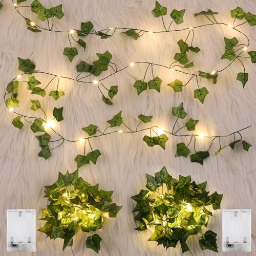 2 Stück LED Lichterkette Efeu Künstlich, GuKKK 2M Fake Efeu Girlande mit 20 LED-Licht Batterie, Lichterkette mit Blättern, Efeu Künstlich mit Lichterkette, für Innenberei,Hochzeit,Party Deko(Warmweiß)