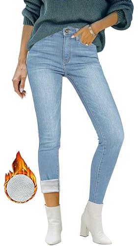Roskiky Damen High Waist Jeans Stretch Skinny Thermoleggings Hellblau Gefüttert Pulverblau S