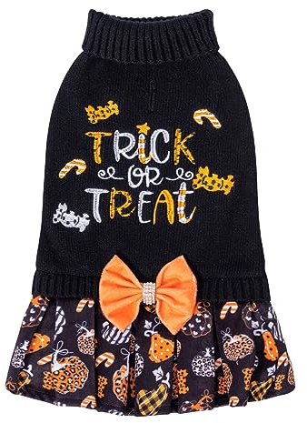 CuteBone Halloween-Hundepullover-Kleid, Trick-or-Treat-Strick-Rollkragenpullover, Welpenpullover mit Fliege, Geschirrloch, Pullover, Winterkleid für mittelgroße Hunde DS77L-DE