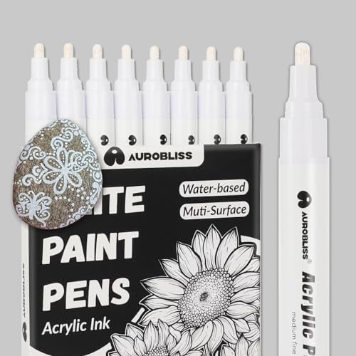 Aurobliss Pennarello Bianco Acrilico 2-3mm, 8Pezzi Pennarello Indelebile Bianco per Pneumatici, Plastica, Tessuti, Vetro, Metalli, Legno, Sassi Pennarelli Bianchi Kit