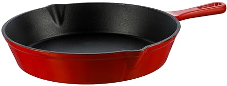 GRAND FEU Sartén de hierro fundido esmaltado con mango - Sartén Antiadherente práctica, duradera y elegante para todo tipo de parrillas, hornos, placas de inducción o placas de gas - Ø25cm, Rojo