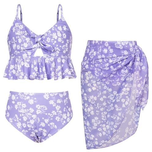 GRACE KARIN Mädchen 3 Teiliges Badeanzug Set Slip + Sarong Badeanzug Schwimmanzug Lila-Weiße Blumen 6 Jahre