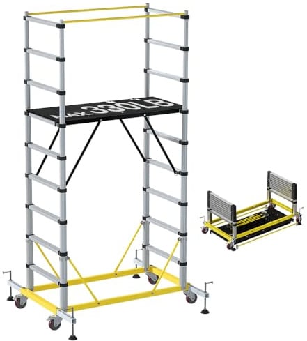 APARECIUM 10' Aluminum Scaffold Tower, Multipurpose Rolling Scaffolding Work Platform, Utility Scaffolding Tower, Adjustable Work Platform with Hatch Deck and Guard Rail, 500 Lbs Duty Rate