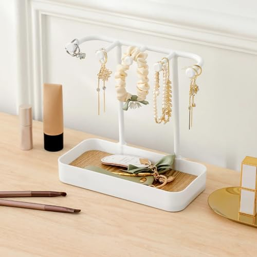 Diompirux blanc simple Porte Bijoux avec Base en Bois, porte collier, Presentoir Boucle D'oreille,PP et Bois Durable, pour Colliers, Bracelets, Bagues, Boucles d’Oreilles, Pinces
