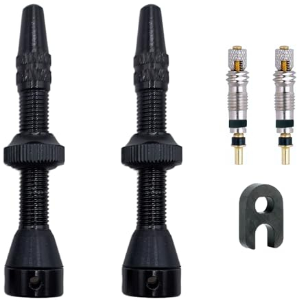 IBRIQO® Pack 2 Válvulas 40mm Presta Tubeless Bicicleta MTB - Carretera | 2 Válvulas + 2 Obuses + 1 Llave Desmontar Obús | Válvula Aire - Negro - Aluminio | Sin Fugas de Aire - Compatible con Mousses
