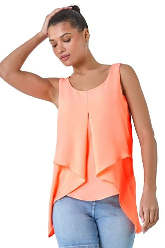 Roman Originals Women Sleeveless Floral Print Chiffon Top Vest Ladies Asymmetric Tropical Blouse Casual Flattering Overlay Light Long Summer Holiday Evening Special Occasion - Orange - Size 20
