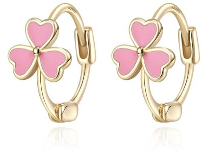EVER FAITH 925 Sterling Silver Pink Clover Flower Earrings Hypoallergenic 3 Leaf Clover 14K Gold Plated Small Huggie Hoops Earrings for Women Girls