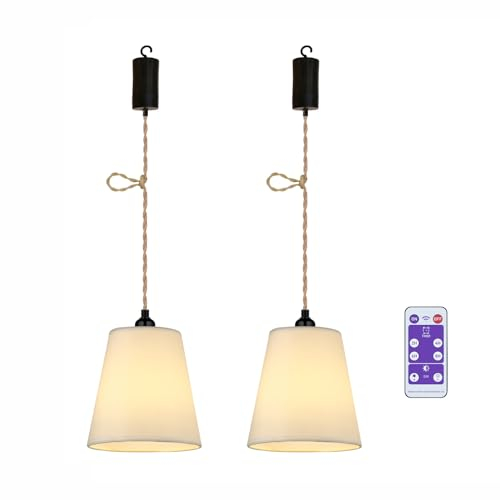 2x Stoff Hängelampe mit Batterie Hanfseil Boho Lampe Akku Deckenlampe Ohne Strom Batteriebetriebene Deckenleuchte Hängeleuchte Hängelampen mit Glühbirne Lampenschirm Schlafzimmer Deko