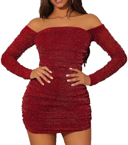 MOEENCN Damenkleid aus Netzstoff, glitzernde Pailletten, Lange Ärmel, quadratischer Kragen, plissiert, figurbetont, Party, Nachtclub, Outfits