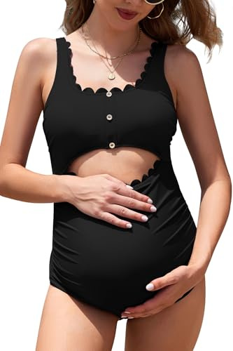 SHEKINI Maillot de bain une pièce pour femme enceinte Scalloped, Noir , L