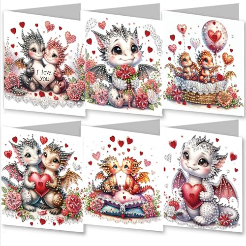 Awesocrafts 6pcs Diamond Art Christmas Cards Kits - Cute Dinosaur Love DIY Painting Sets, 5D Art Cards with Envelopes, Postcards for Handmade Xmas 30 * 15cm