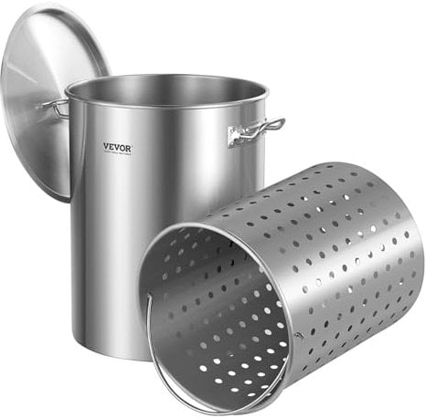 VEVOR Stainless Steel Stockpot, 34L Cooking Pots, Cookware Sauce Pot with Basket, Lid, and Handle, Heavy Duty Commercial Grade Stock Pot, Sanding Treatment, for Steaming Boiling or Frying Silver