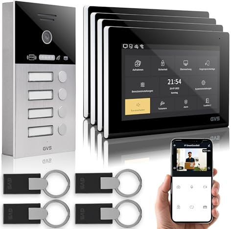 GVS - IP Video Türsprechanlage 4 Familienhaus mit Türöffner (RFID), HD Kamera, 4X 7 Zoll Monitor & App - Smarte Video Türklingel mit Kamera & Gegensprechanlage (AVS4092A)