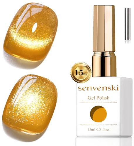 Senvenski Jelly Glass Cat Eye Gel Nail Polish with Magnet 15ML Magnetic 3D Galaxy Holographic Glitter Translucent Sheer Color Gel Polish Salon Home DIY (Golden Yellow, MY1-020)
