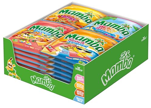 Mamba Beach Mix, 4-fach sortierte Kaubonbons - 32 x 160 g | Kaubonbon-Mix aus Mamba Beach Surfer, Sticks, Bites & Mix, softe Bonbons in 4 Sorten Erdbeere, Zitrone, Orange & Banane