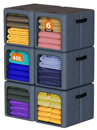 Goldbus 40LStackable Clothes Storage Bins with Metal Frame- 6 Pack Foldable Closet Organizers and Fabric Storage Box with Zippers, Clothing Storage Containers with Clear Window ＆ Handles