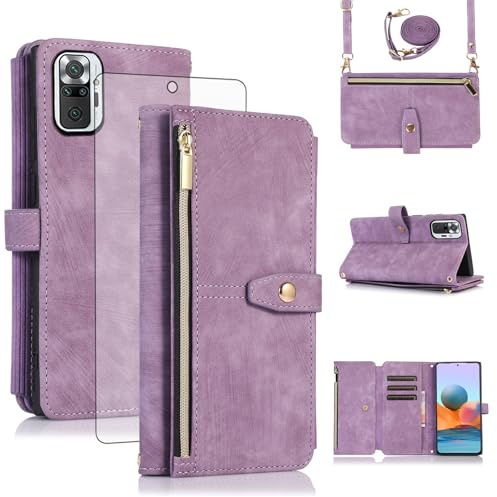 Asuwish Coque pour Xiaomi Redmi Note 10 Pro/10Pro Max Portefeuille avec Verre Trempé et Cordon Porte Carte Chaine Cuir à Clapet Étui Housse Support Note10 ProMax M2101K6G Téléphone Case Femme Violet