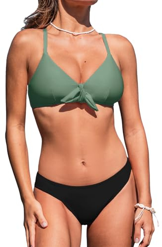 CUPSHE Damen Bikini Set V Ausschnitt Knoten vorne Low Waist Crossback | Hasen-Krawatte, weiche, abnehmbare Körbchen, verstellbare Träger, mittlere Leibhöhe, schmeichelhafter Badeanzug für Urlaub