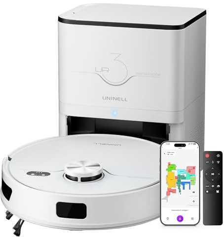 uninell Robot aspirapolvere e mocio combinato, robot aspirapolvere laser navigatore, super aspirazione 5000Pa, aspirapolvere robot con stazione di svuotamento automatico da 3,5 l, 180 minuti