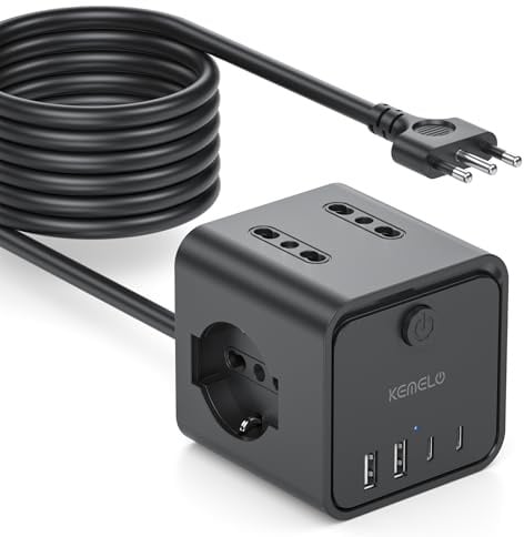 Ciabatta Elettrica Multipresa con 4 Prese Universali 10/16A ITA e Schuko, 5 M Prolunga Elettrica con 2 USB A+2 USB C,Presa Multipla Spina Piatta Salvaspazio con Interruttori per Casa, Ufficio Nero