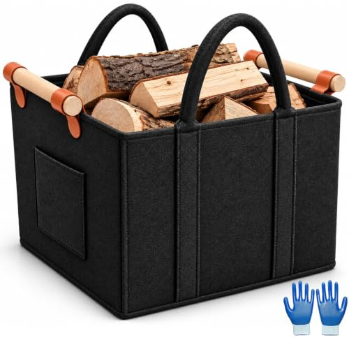 Filzkorb Aufbewahrung, Holzkorb für Kaminholz mit Handschuhe, Faltbar Kaminholzkorb mit Tragegriffen, für Kaminholz, Zeitschrift, Zeitungen, Kleidun (42cmx40cmx30cm)