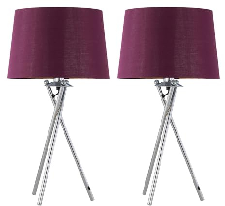 firstchoicelighting Set of 2 Tripod Table Lamps or Bedside Lights, Chrome with Burgundy & Gold Fabric Shade, LED Compatible, Height 53cm, Inline Switch