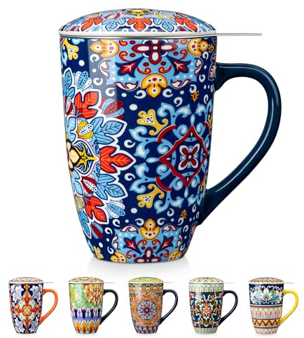 vancasso Ceramic Tea Cup with Stainless Steel Infuser & Lid, 530ml Large Tea Mug for Loose Leaf Tea, Heat Retaining, Microwave & Dishwasher Safe – Royal Crimson