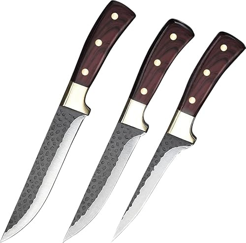 KEPEAK Profi Schlachtermesser 3-Teilig Metzgermesser Set-Filetiermesser & Hackmesser & Schälmesser extrem Scharf mit Holzgriff rutschfestem Griff für Fleischverarbeitung und BBQ.
