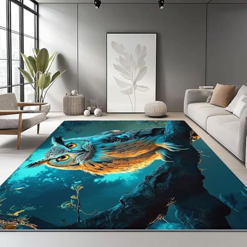 Generisch Kinderzimmerteppich Antirutsch Waschbar bis 30 Grad,Surrealistischer Stil Tiere Eulen Teppich für Kinderzimmer - Dekorativer Teppiche Blaugrün 120 x 160 cm