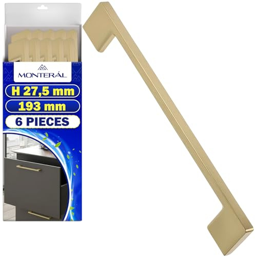 MONTERAL 6x Tirador Cocina 193mm - Distancia Entre Orificios Montaje 160mm | Tiradores Armarios Cocina y Muebles Fabricado en Aleación ZnAl Color Latón Dorado - Garantía de 10 Años - MONTERAL
