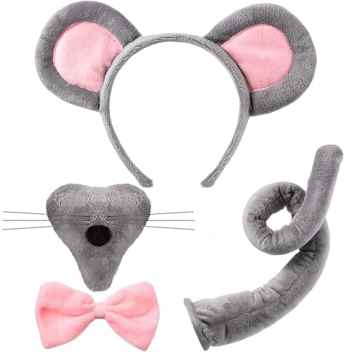 OFKPO 4 PCS Mouse Costume Set, Mouse Headband Nose Bow Tie and Tail, for adults' Cosplay Set Unisex (Grey)