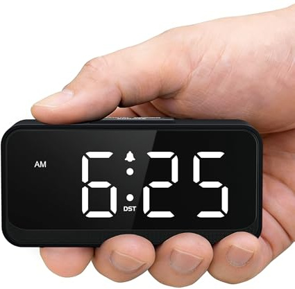 Srubambi Battery Operated Small Alarm Clock: Digital Compact Large Display Cordless Clock for Bedroom Travel - Simple to Use for Seniors Teens White Digits