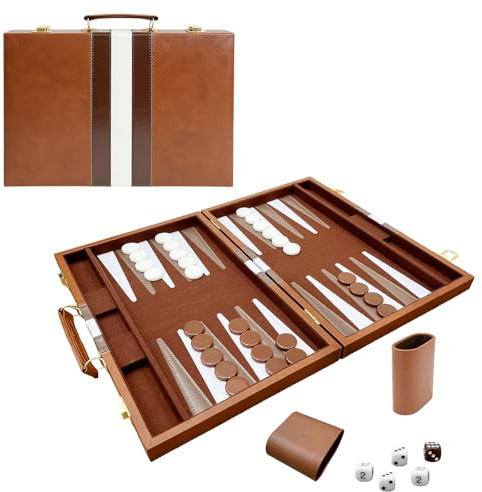 Backgammon Set für Erwachsene, Klassisches Brettspiel mit faltbarem Leder Backgammon Etui, Holz Backgammon-Set für 2 Spieler, Tragbares Luxus-Reisespiel