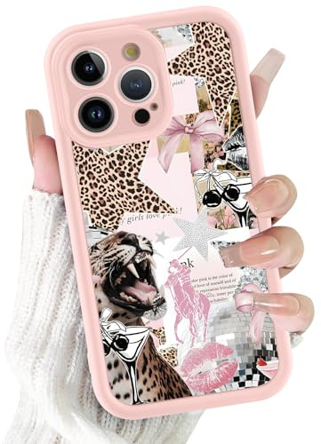 Tivkofk Leopard Flower Print Phone Case for iPhone 16 Pro Max 6.9'', Pink Cherry Bow Coquette Glitter Stars Y2K Aesthetic Case, Soft TPU Shockproof Cover with Camera Protection for Women Girls