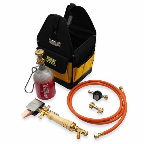 WELDINGER Dachrinnen Lötset Komplettset – Gaslötkolben mit wiederbefüllbarer Propangasflasche inkl. Füllstutzen, 2 m Schlauch, stufenlosem Regler (0,5–4 bar) & robuster Werkzeugtasche