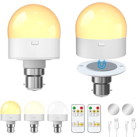 KINGYEENUO 2 Pack Rechargeable B22 LED Bulbs 5W Equivalent 50W, 4000mAh Battery Operated Bulb with Remote Control Timer, 3CCT Dimmable Magnetic Detachable Night Light Bulb for Home Emergency Camping