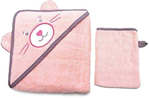 etérea Baby Kapuzenhandtuch + 1 STK. GRATIS Waschlappen - 100% Baumwolle Warm und Kuschelig Badehandtuch - Katze Muster in Pink, 70x70 cm