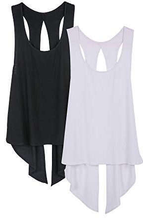 icyzone Damen Sport Top Rückenfrei Fitness Yoga Shirt Ärmellos Sport Oberteile, 2er Pack (XL, Black/White)