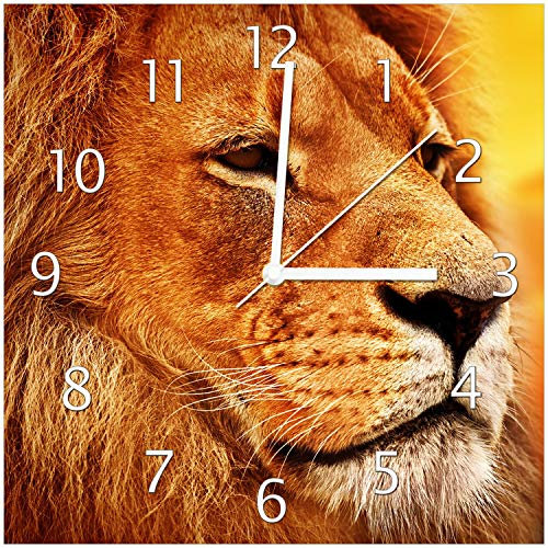 Wallario Design-Wanduhr Prächtiger Löwe in der Savanne aus Glas, Motiv-Uhr Größe 30 x 30 cm, weiße Zeiger