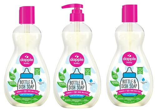 Dapple Baby Fragrance Free Bottle & Dish Soap - (3 Pack) 16.9 fl oz - Cleans Baby Bottles, Sippy Cups, Pacifiers, Breast Pumps, & More - Gently Removes Milk Film & Odors - Includes 1 Pump