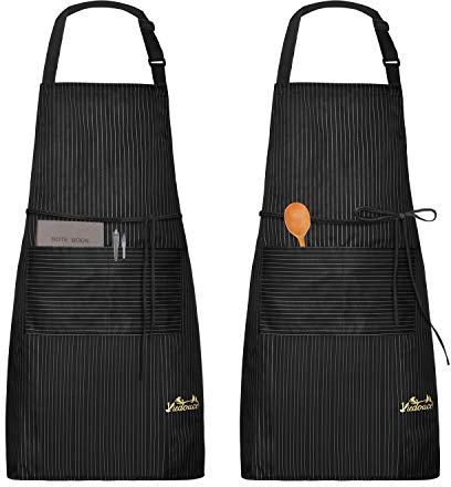 Viedouce 2 Pack Schürze,Wasserdicht Kochschürze mit Taschen,Verstellbarem Küchenschürze Grillschürze latzschürze Küchenschürze für Frauen Männer Chef-Belastbar & Einfach zu Reinigen,Streifen Schwarz
