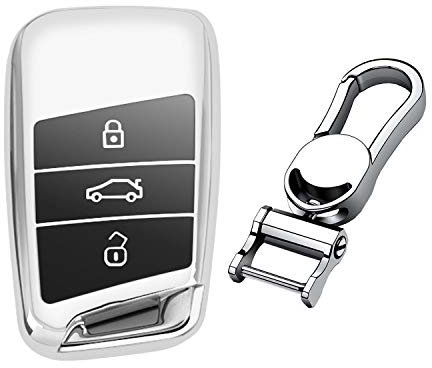 M.JVisun Coque de clé en cuir véritable pour Volkswagen Arteon Atlas Golf Alltrack Jetta GLI Passat Taos SEL pour Tiguan Skoda Kodiaq Superb A7 avec porte-clés, Porte-clés en métal argenté brillant